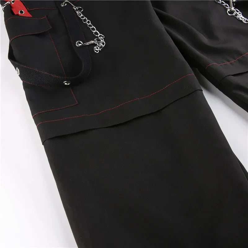 Cyber Punk Unisex Cargo Wide Leg Pants Chain Bandage Ruched Tie Capris Pants Women Gothic Baggy Trousers BF Hippie Grunge Jogger voguable