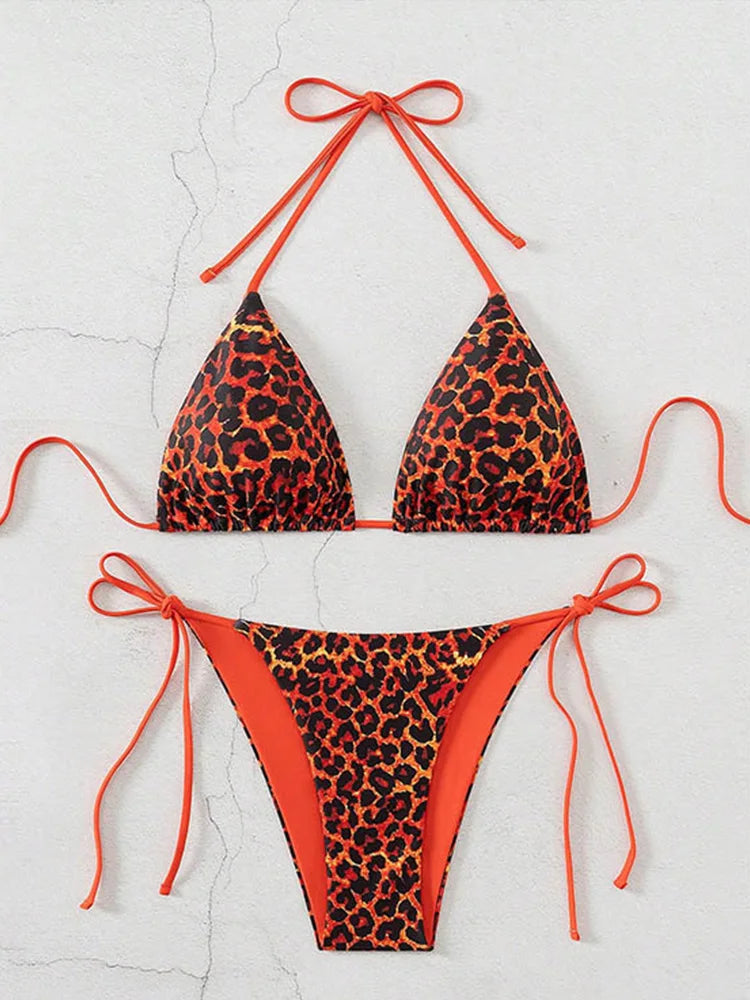 Voguable  Fashion Sexy Leopard Laced Up Bikini Women Split Swimsuit Beach Vacation Bikini All Season Backless Bikini 2 Piece Set voguable