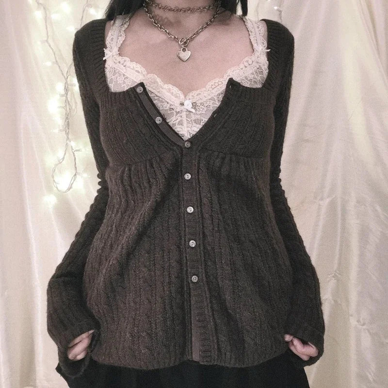 Vintage Babydoll Tops Pullovers Lady Aesthetic Coquette Knit Sweaters Outfit Autumn Square Neck Long Sleeve Knitwear Jumpers Y2k voguable