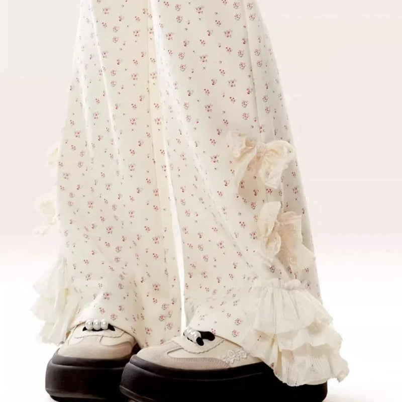 Bow Lace Floral Trousers for Women in Spring and Autumn New Casual Trousers Slim Pants for Daily Korean voguable