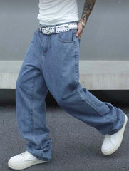 Voguable  Men's Vintage Loose-Fit Washed Blue Jeans, Wide Leg Straight Leg Denim Pants, Casual Retro Style, Light Blue, All-Season Comfort voguable