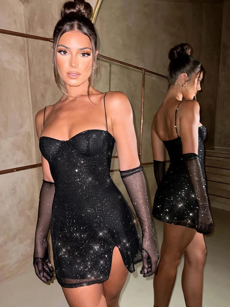 Sparkle Sexy Mini Dress Women New Spaghetti Strap With Sleeve Backless Sleeveless Glitter Club Party Sexy Dress voguable