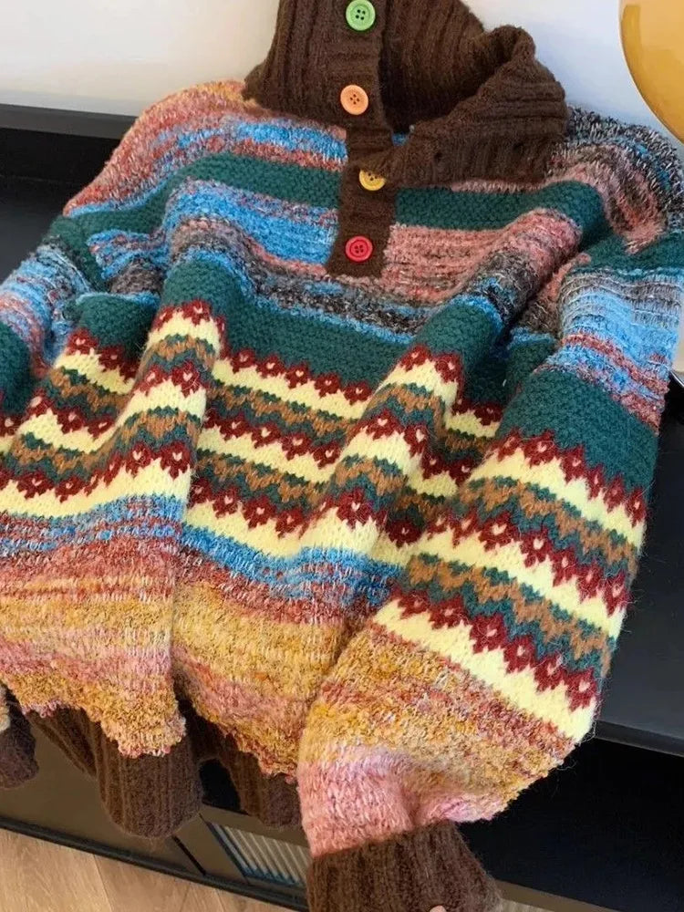 Vintage Print Harajuku Sweater Women Loose Fall Winter Sweet Knitted Jumper Casual Stand Collar Long Sleeve American Retro Tops voguable