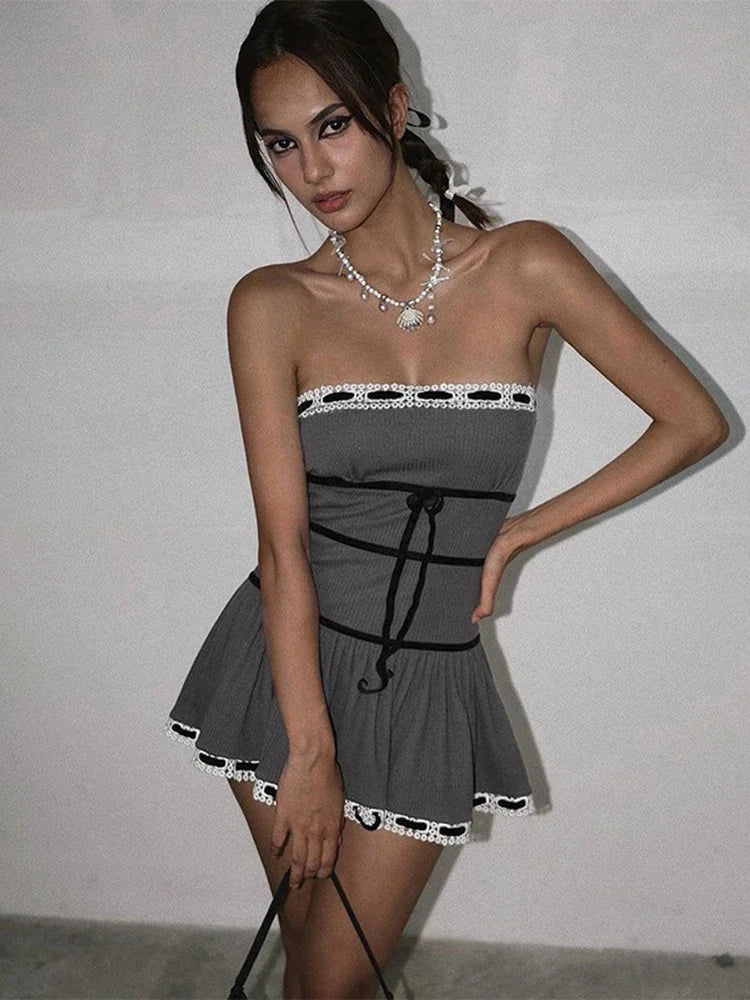 TARUXY Lace Splice Bodycon Dress For Women High Waist Slim Sexy Backless Robe De Femme Holiday Casual Fashion Folds Dresses 2024 voguable