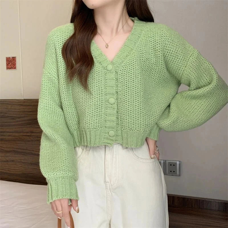 Sexy Cropped Sweet Cardigan Women V Neck Vintage Slim Long Sleeve Knitted Sweaters Korean Causal Simple Solid Lady Fall Tops New voguable
