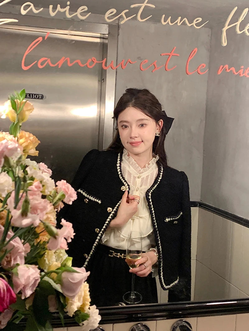 Vintage Jackets Women Black Tweed Cropped Coat Korean Elegant Thicken Single Breasted Blazer Casual Short Outerwear Tops voguable
