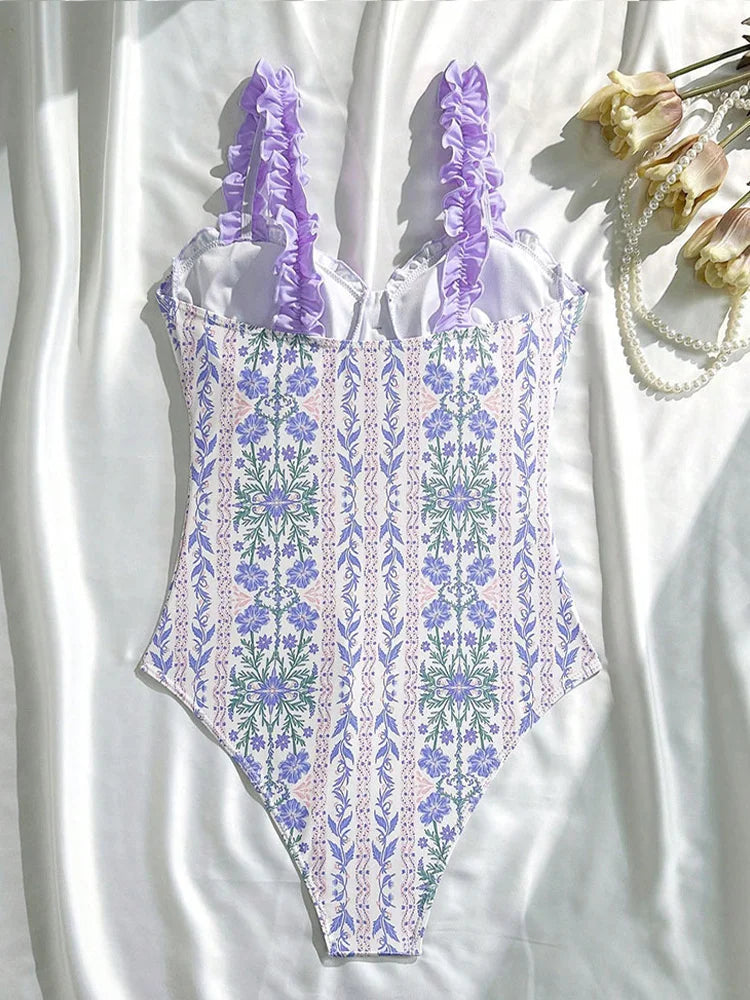 Voguable  Sexy Ruffles Print Bow One Piece Swimsuit Women Beach Vacation Bikini New All Season Backless Tight One Piece Swimsuit voguable