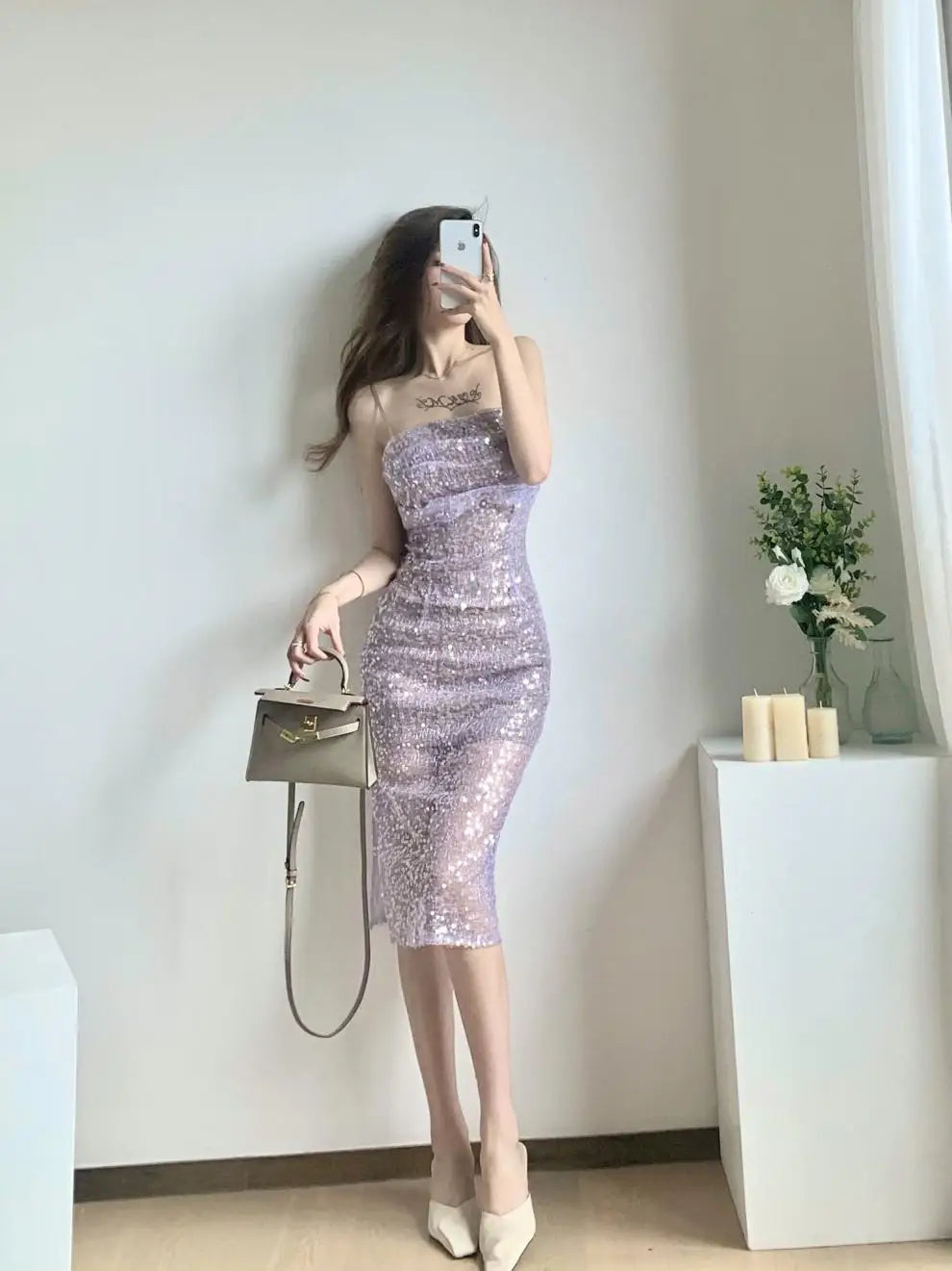 Voguable  French Women Purple Sequins Sexy Club Spaghetti Strap Pleated Long Dress Summer Sleeveless Backless Birthday Evening Party Dress voguable