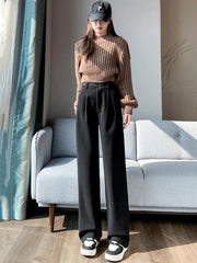 Fall Winter Woolen Suit Pants Women High Waist Loose Casual Wide-Leg Trousers Y2K Solid Korean Chic Office Lady Straight Pants voguable