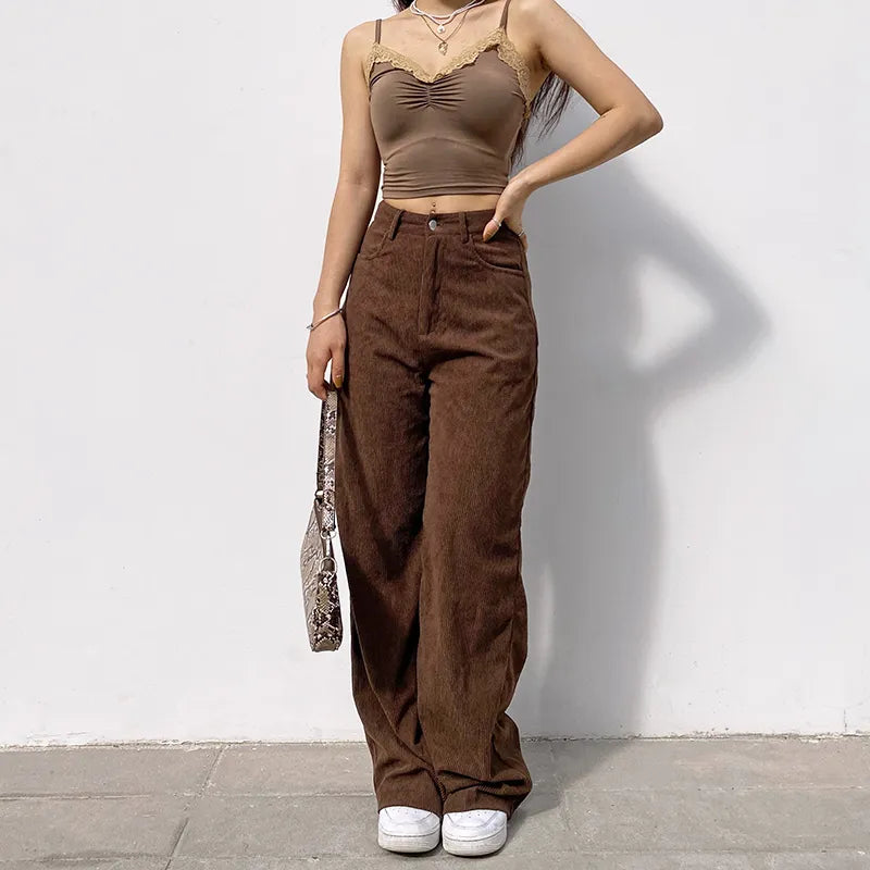 Women High Waist Wide Leg Pants Vintage Corduroy Baggy Trousers Brown Joggers Pants E Girl 90s Aesthetic Girl Sweatpants voguable