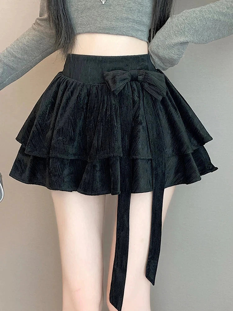 Sweet Bow Cake Skirts Women Vintage Slim High Waist Sexy Mini A Line Skirt Korean Preppy Style Fall Winter Dance Skirt New voguable
