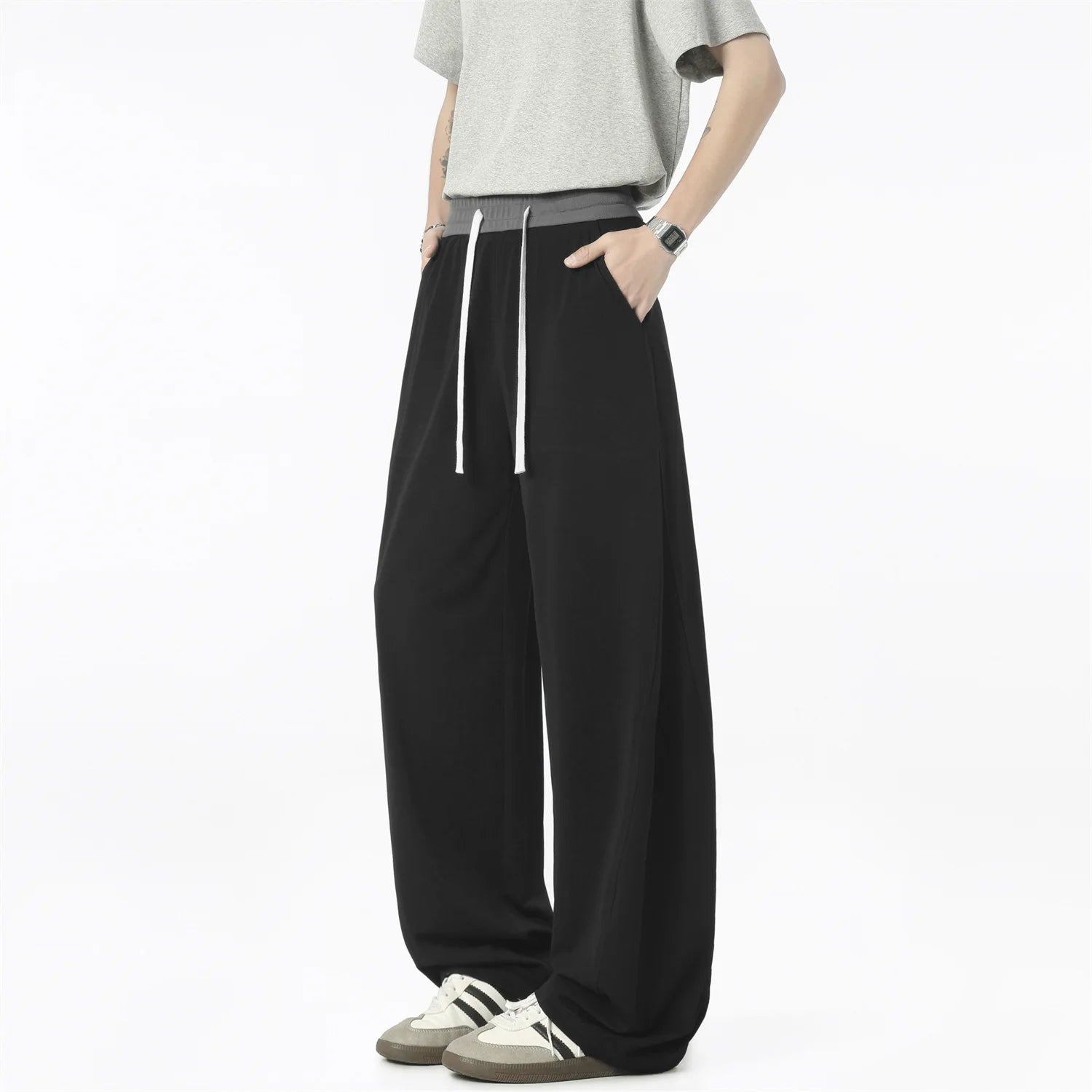 Voguable  Men Summer Thin Ice Silk Quick Dry Pants Color Block Curved Wide Leg Clean Fit Flared Straight Trousers With Drawstring Waist voguable
