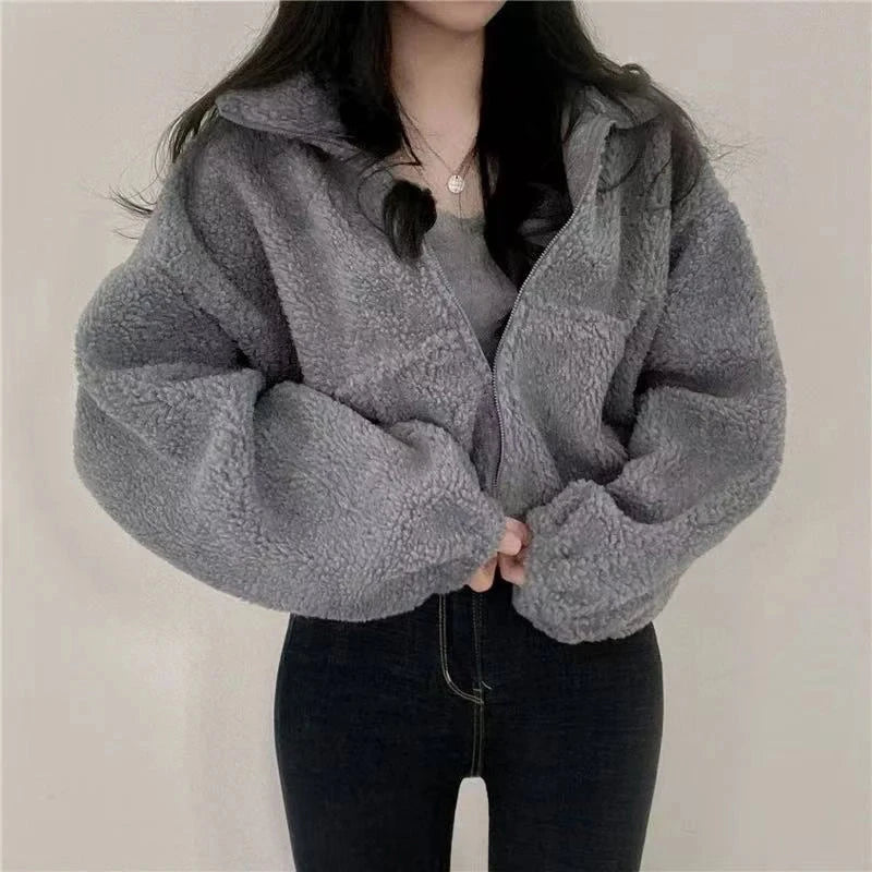 Artificial Lamb Wool Crop Jacket Women Autumn Winter Thick Warm Plush Coat Female Fashion Zipper Stand Collar Casual Outerwear voguable