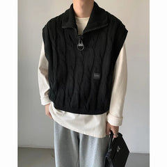 Voguable Autumn Short Sweater Vest Men Fashion Casual Lapel Knit Pullover Men Korean Loose Zipper Sleeveless Sweater Men Jumper Clothes voguable