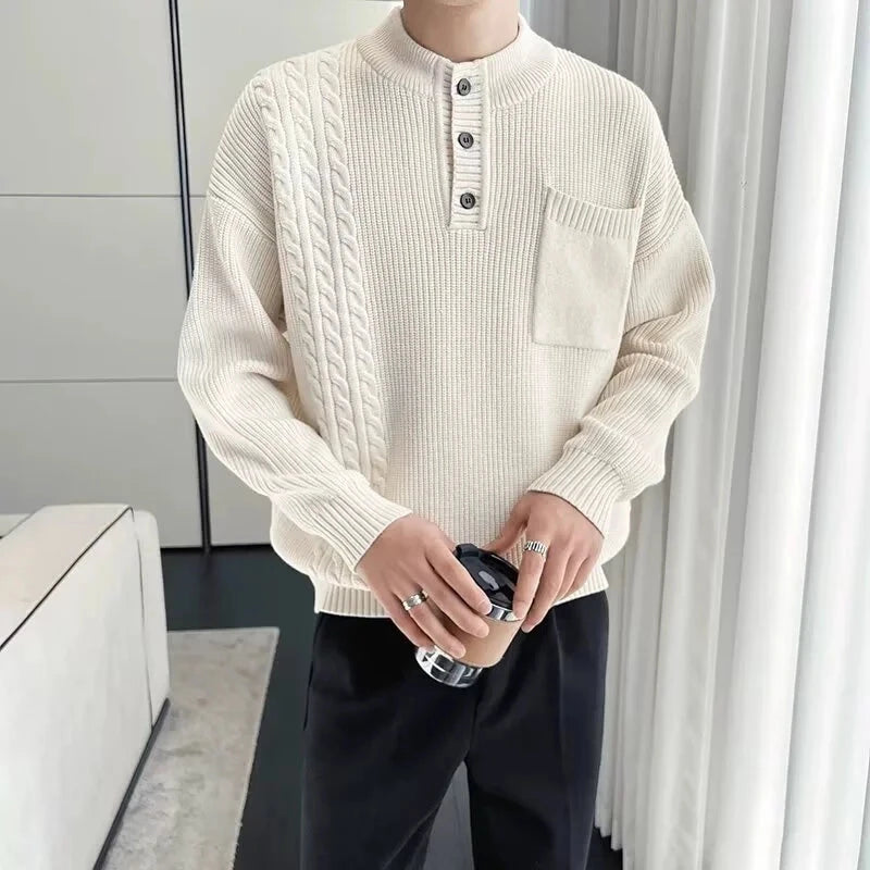 Korean Popular Men's Henry Collar Sweater Light Luxury Knit Long Sleeve Button Pullover Trending Jacquarded Solid Color Knitwear voguable