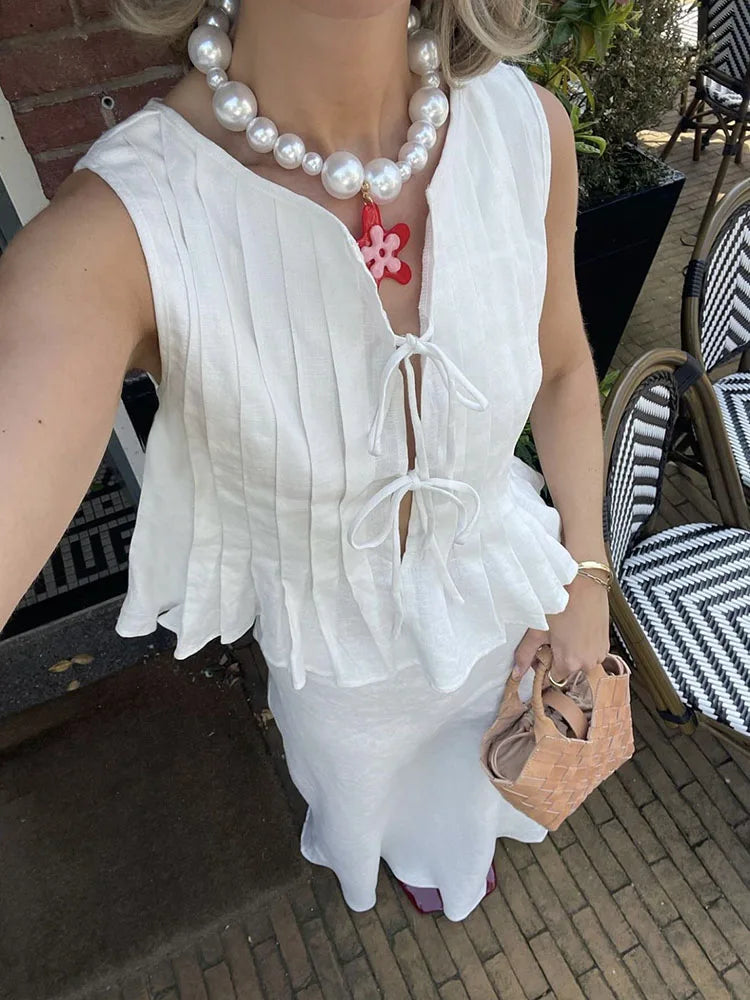 White Bandage Ribbed Tank Top Shirts For Women Hollow Out Sleeveless Slim Summer Fashion Vest Women's Lace-Up Vest Y2k Top voguable
