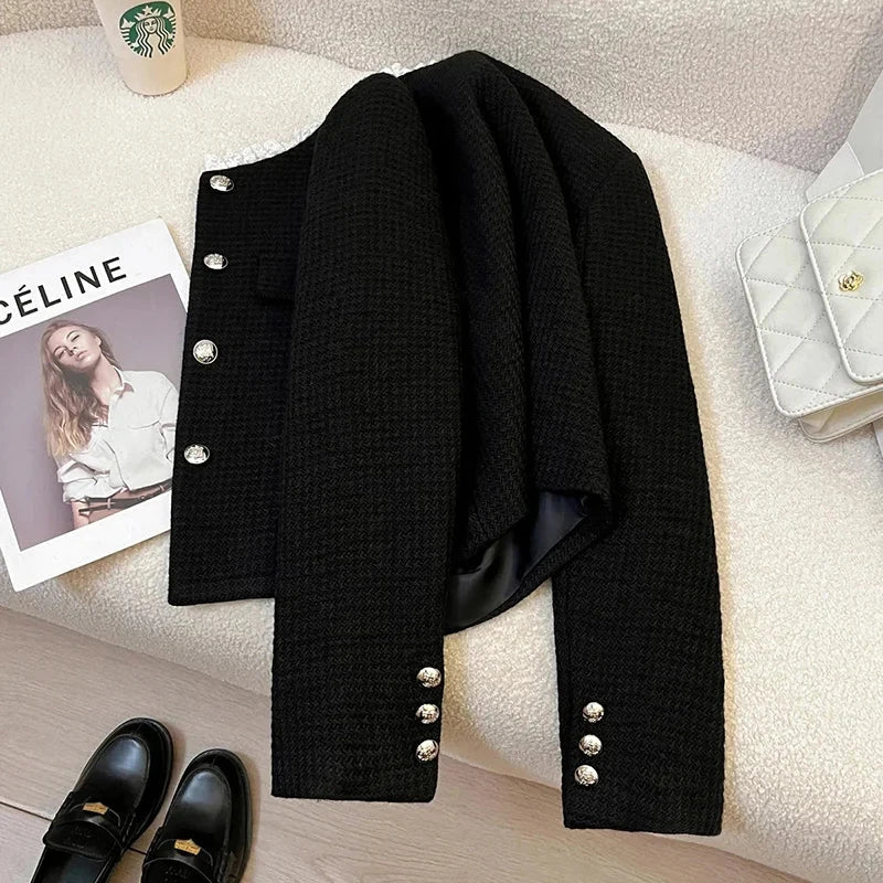 Black Slim Elegant Tweed Jacket Women Vintage Lace Patchwork Long Sleeve Sweet Coat Fall Winter French Casual Retro Tops voguable
