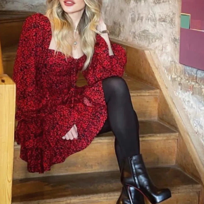 Voguable  2024 Women Front Lacing Up Wine Red Floral Print Dress Vintage Puff Sleeve Layered Ruffle Hem Cake Mini Dress Holiday voguable