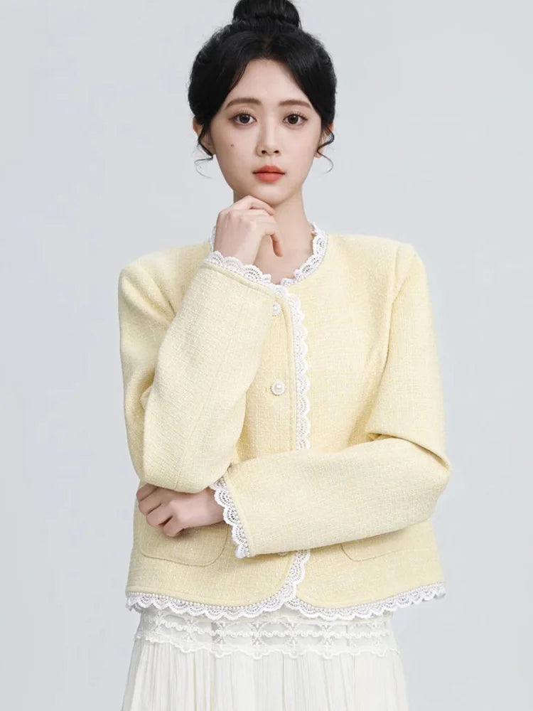 Sweet Yellow Tweed Jackets Women Vintage Lace Patchwork Elegant Short Coat French Retro Casual O Neck Long Sleeve Fall Outwear voguable