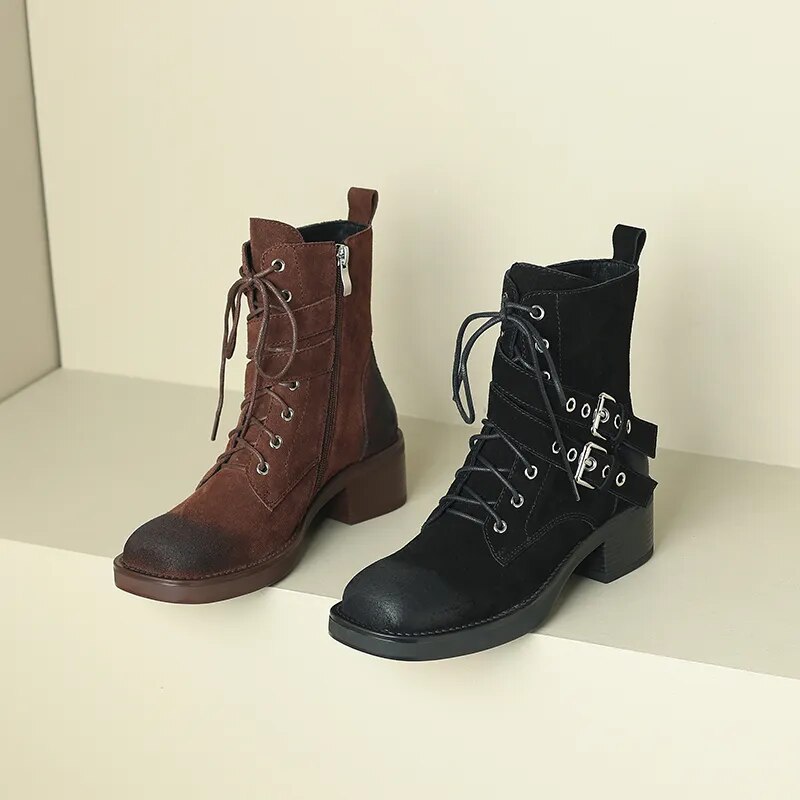 New Retro Lace-up Cow Suede Leather Women Ankle Boots Thick Heels Office Ladies Working Shoes Woman Winter Platform Shoes voguable