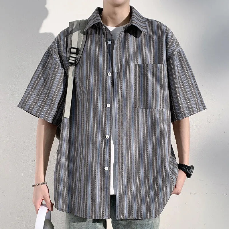 Voguable  Men's Casual Breathable Short Sleeve Shirt Vertical Stripe Color-Block Lapel Relaxed Fit Trendy Summer Style Top voguable
