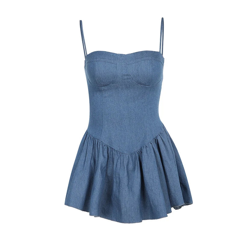 Voguable  Spaghetti Strap Imitation Jeans Sleeveless Female Vestido Low Waist Slash Neck New Fashion Femme A-line Pleated Sexy Dresses voguable