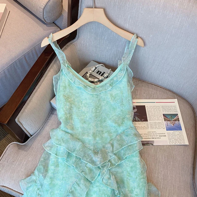 Voguable Summer Women's Vintage Elegant Light Green Dress Casual Spaghetti Strap Sleeveless Camisole Suspender Female Dresses voguable