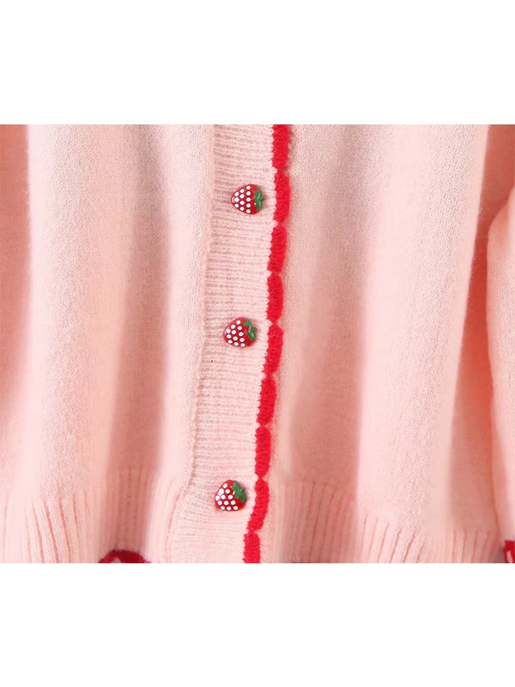 Voguable  New Fashion Women Sweet Pink Strawberry Cherry Thin Knit Sweater O Neck Long Sleeve Female Crop Pullover Autumn Tops voguable