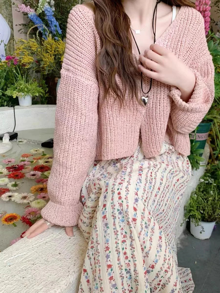 Pink Knitted Cardigan for Women Long Sleeve V-neck with Invisible Button Front Sweater Jacket Teen-girl Fall Winter Cute Outfit voguable