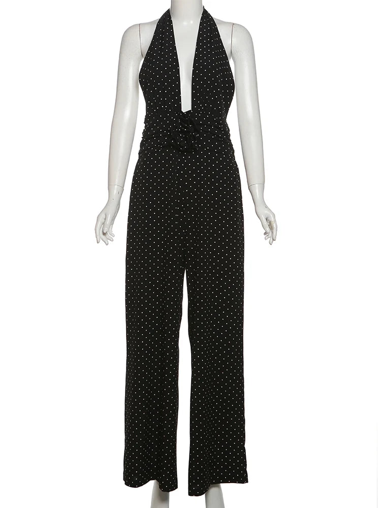 Halter Backless Jumpsuit Women Polka Dot Prin Bandage Sleeveless v-Neck Wide Legs Office Street Skinny Sexy Overalls voguable