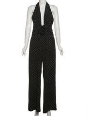 Halter Backless Jumpsuit Women Polka Dot Prin Bandage Sleeveless v-Neck Wide Legs Office Street Skinny Sexy Overalls voguable