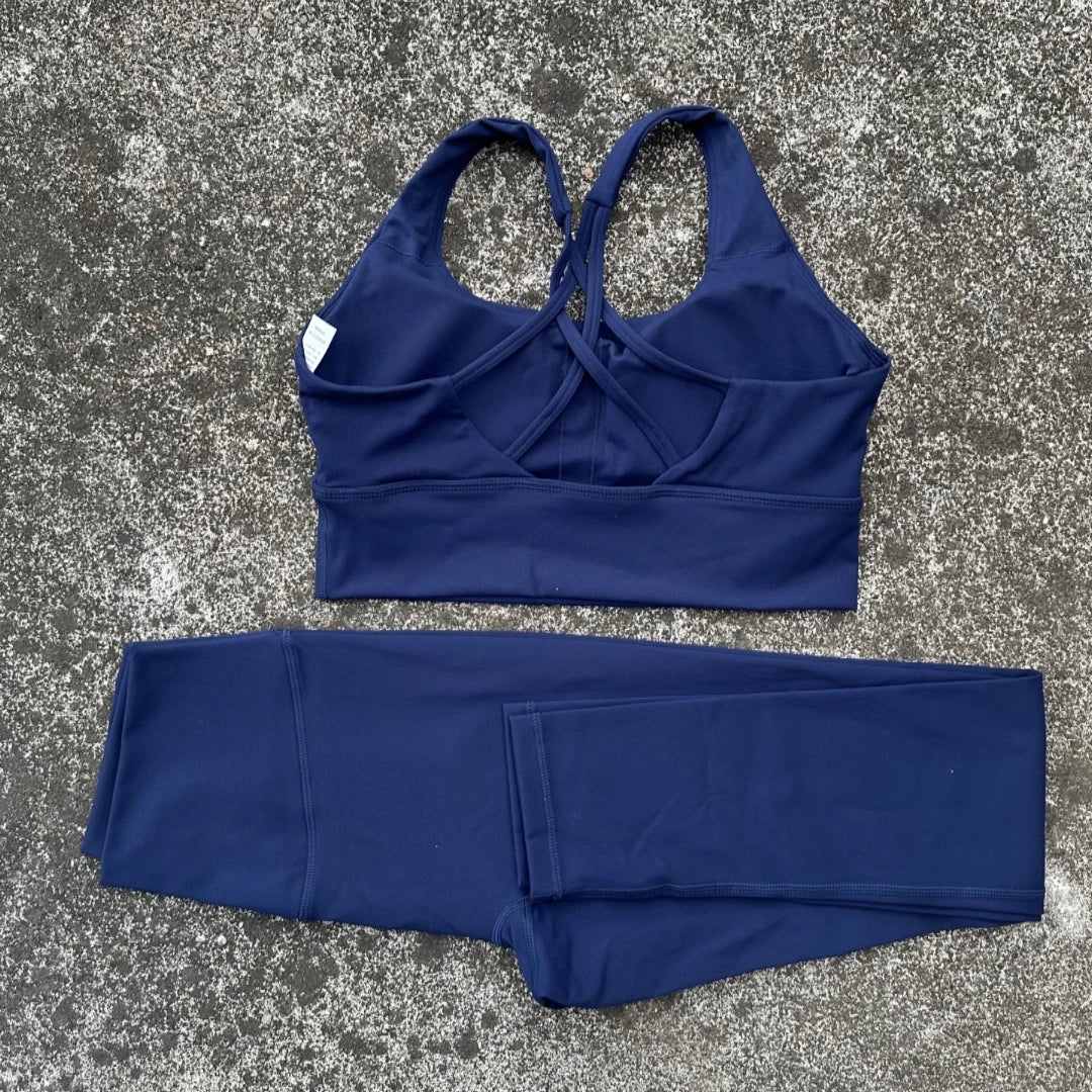 Voguable  Solid Color Tight Women Cross Back High Impact Shoulder Strap Fitness Bra Top High Waist Yoga Legging 2pc Gym Yoga Set Sportwear voguable