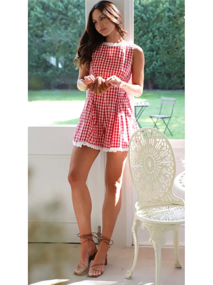 Lace Patchwork Plaid Chic Playsuit 2025 Summer New Round Neck Elastic Waist One Piece Shorts Sleeveless Casual Women Romper voguable