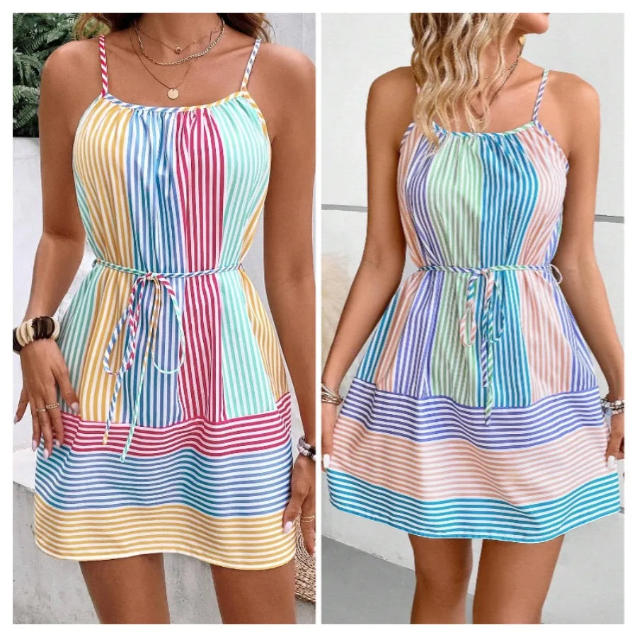 Voguable  European and American - new summer V-neck suspender stripe print short vacation style dress European and American style voguable