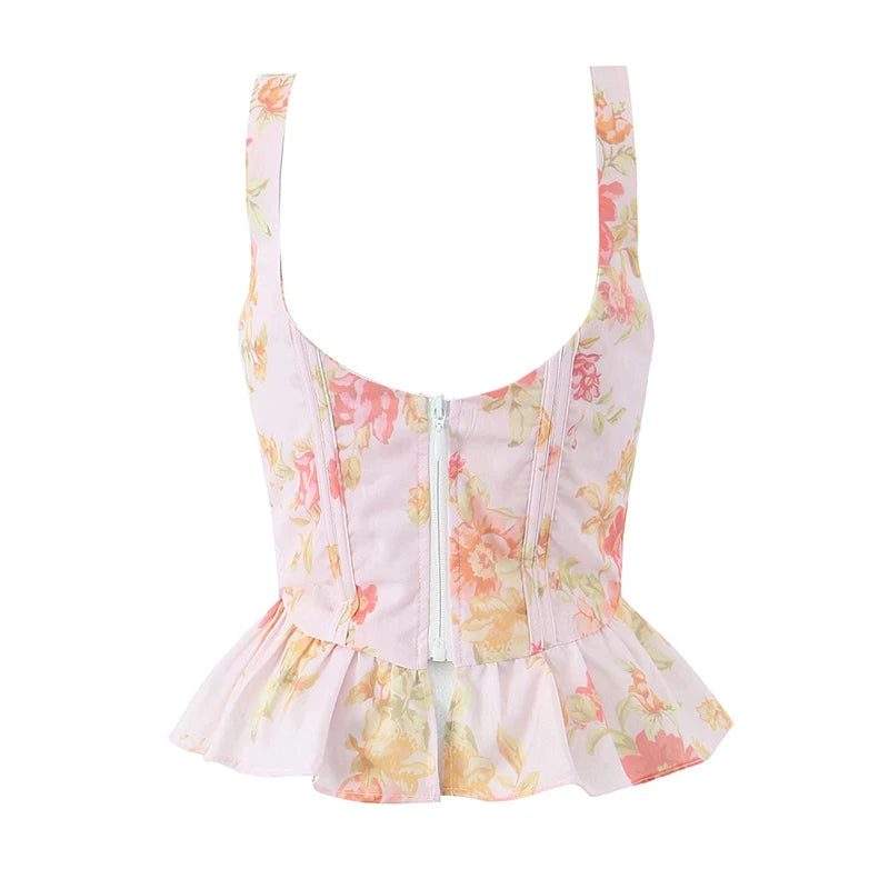 New Women Floral Print Pink Bone Slim Tank Top Pleated Ruffle Hem Summer Corset Crop Top Holiday ropa de mujer voguable