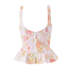New Women Floral Print Pink Bone Slim Tank Top Pleated Ruffle Hem Summer Corset Crop Top Holiday ropa de mujer voguable