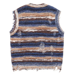 Autumn Men Sleeveless Knitted Jumper Sweaters Hip Hop Ripped Striped Knitwear Vests Streetwear Harajuku Fashion Casual Pullovers voguable