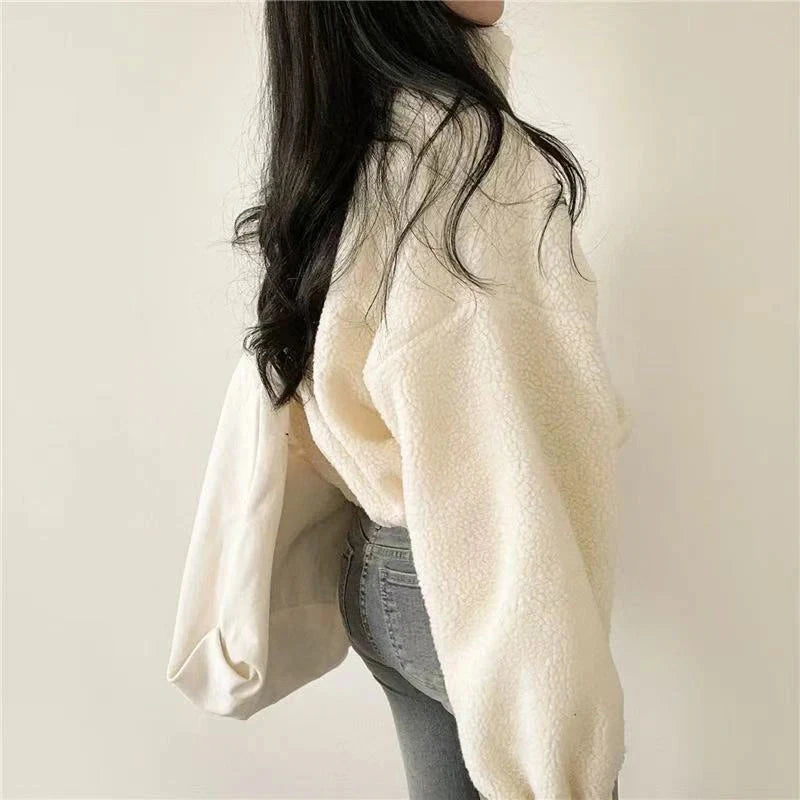Artificial Lamb Wool Crop Jacket Women Autumn Winter Thick Warm Plush Coat Female Fashion Zipper Stand Collar Casual Outerwear voguable