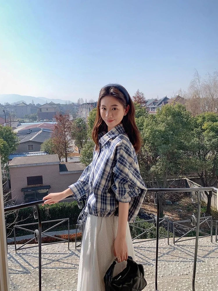 Blue Plaid Shirt for Women Autumn Korean Loose Drawstring Long Sleeve Female Tops Y2K Retro Preppy Single Breasted Blouse Ladies voguable