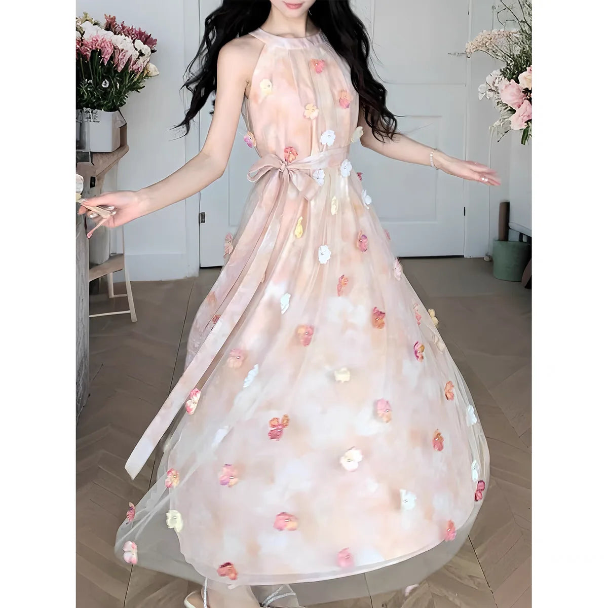 Voguable  Hanging Neck Fairy Dress For Women New Summer Sleeveless Floral Long Dress French Style Vacation Party Dress voguable