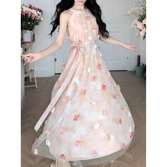 Voguable  Hanging Neck Fairy Dress For Women New Summer Sleeveless Floral Long Dress French Style Vacation Party Dress voguable