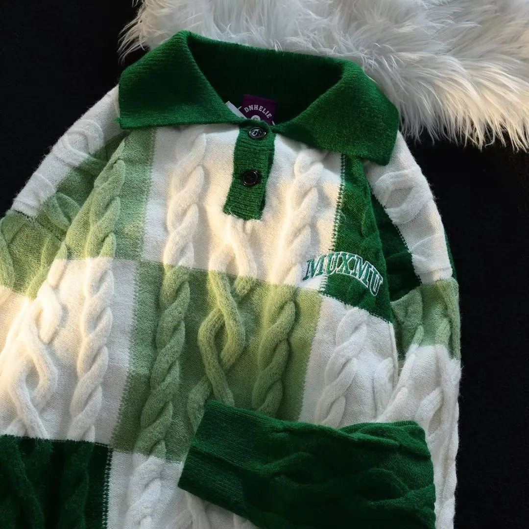 Voguable Vintage Plaid Green Knitted Sweater Men Checked Pullover Y2K Blue Sweaters Men's Winter Harajuku Japanese Streetwear voguable