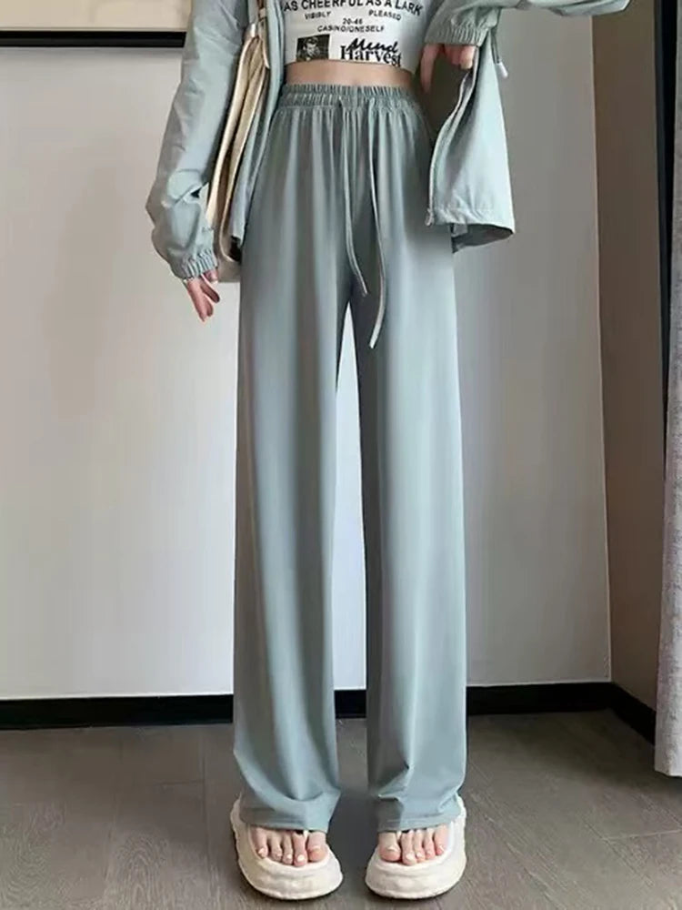Summer Thin Ice Silk Sun Protection Pants Women Y2K High Waist Loose Wide Leg Trousers Solid All-Match Simple Straight Pants voguable