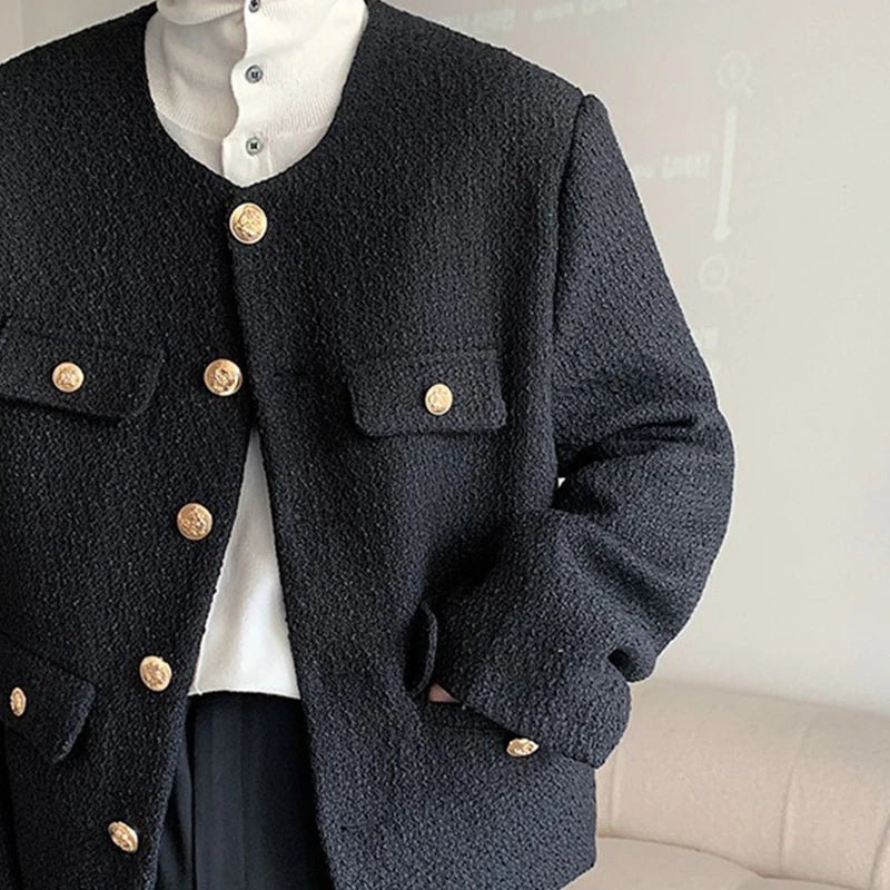 Korean Style Fashionable Tweed Round Neck Jacket Men Japanese Trendy High-end Single-breasted Short Jacket with Temperament voguable