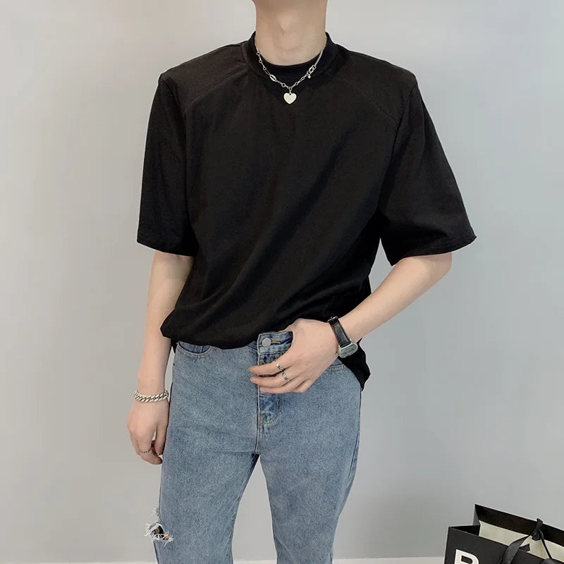 Voguable Summer Short Sleeve T-shirt Men Fashion Casual Shoulder Pad T-shirt Men Streetwear Korean Loose Round Neck T Shirt Men Top M-2XL voguable