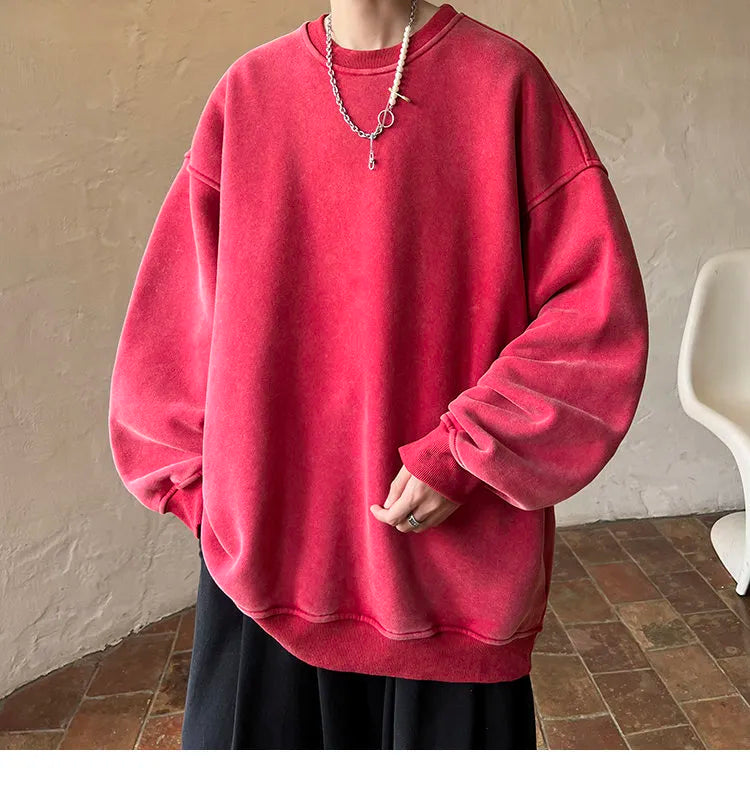 American Washed Old Pullovers Sweatshirts Men Loose Solid Color Autumn Large Size Warm O Neck Tops Hip Hop Y2k Sweatshirt voguable