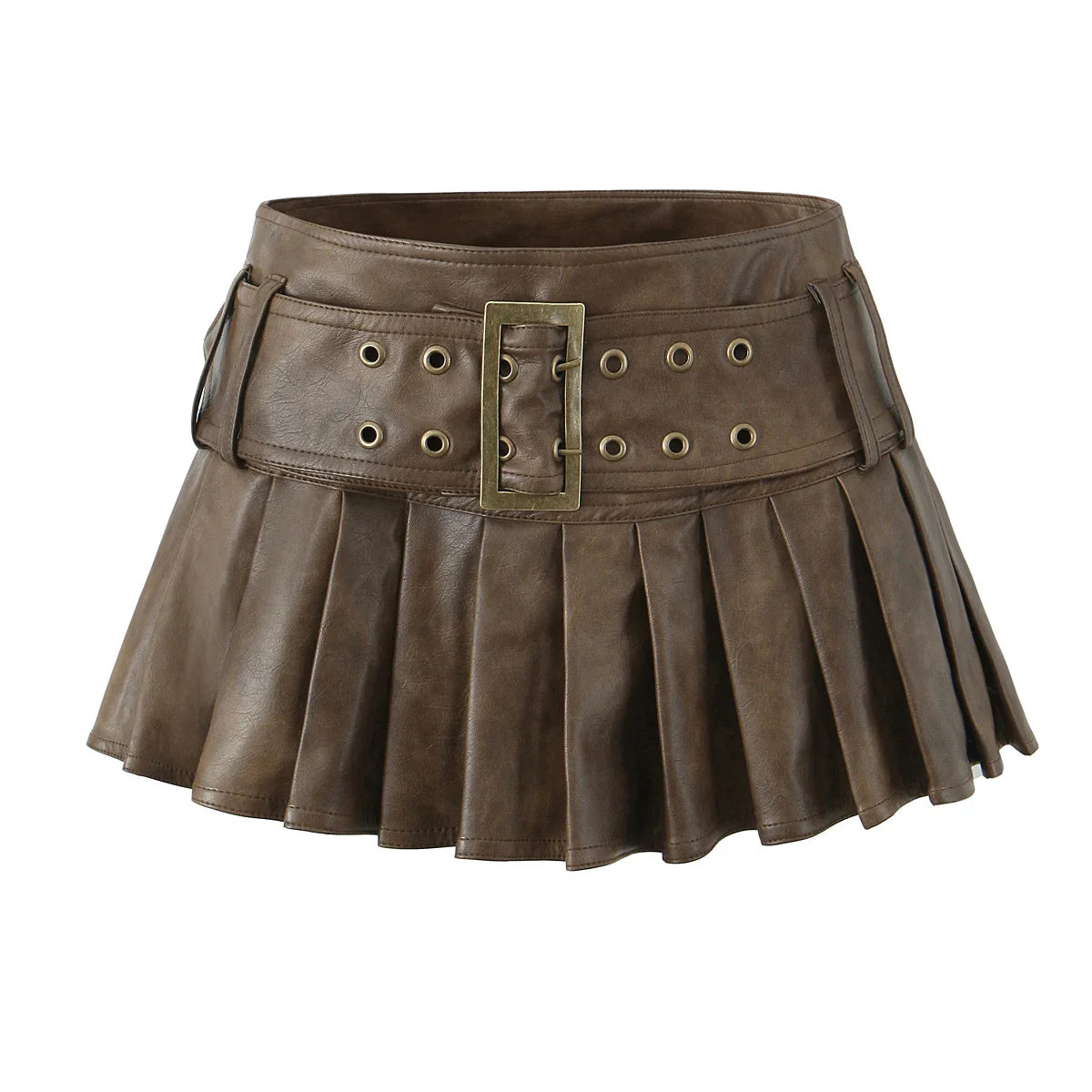 Korean Fashion Faux Leather Skirts For Woman Mini Skirts Low Waist Summer Vintage PU Leather Pleated Skirt With Belt Brown Pbong