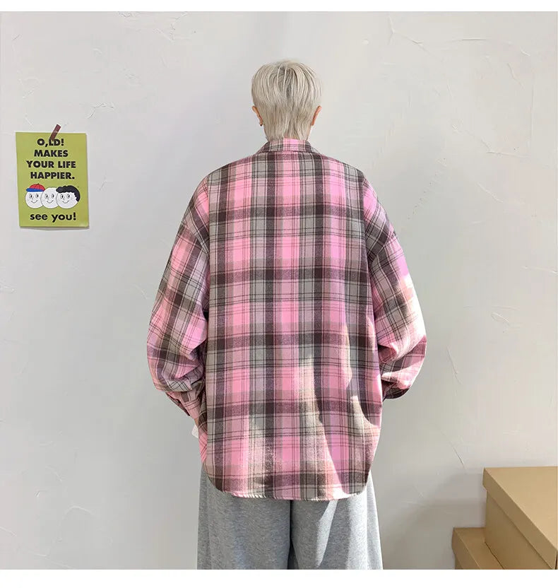 Harajuku Long Sleeve Plaid Shirts Men Big Size M-5XL Autumn Chic Loose Vintage High Street All-match Gentleman Camisa voguable