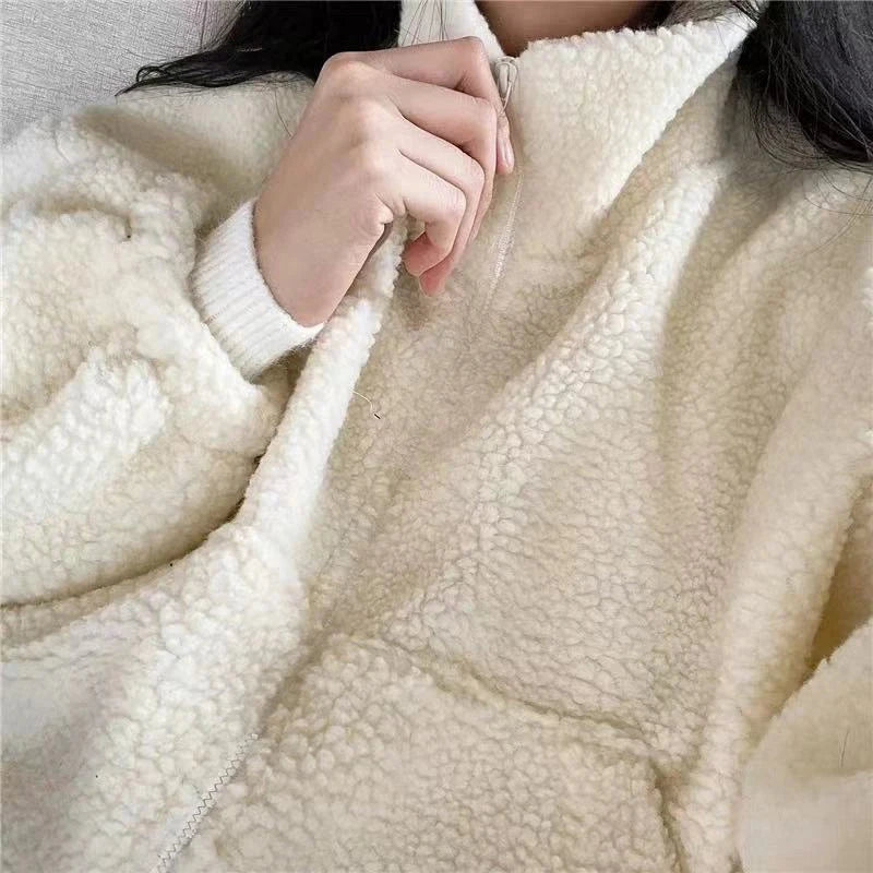 Artificial Lamb Wool Crop Jacket Women Autumn Winter Thick Warm Plush Coat Female Fashion Zipper Stand Collar Casual Outerwear voguable