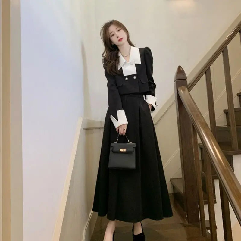Voguable  Autumn Elegant 2 Piece Dress Set Women Slim Vintage Party Office Lady Korean Suit Long Sleeve Crop Tops + Casual Midi Skirt voguable